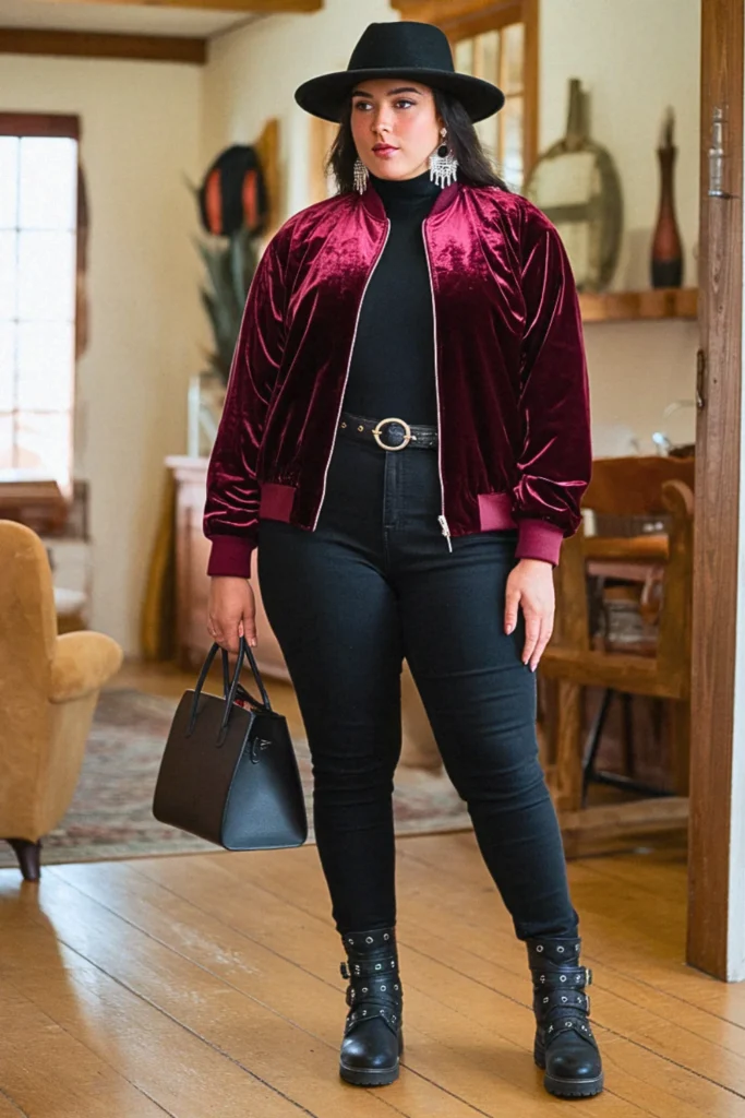 Plus Size Fall Burgundy Velvet Bomber Nashville Outfit