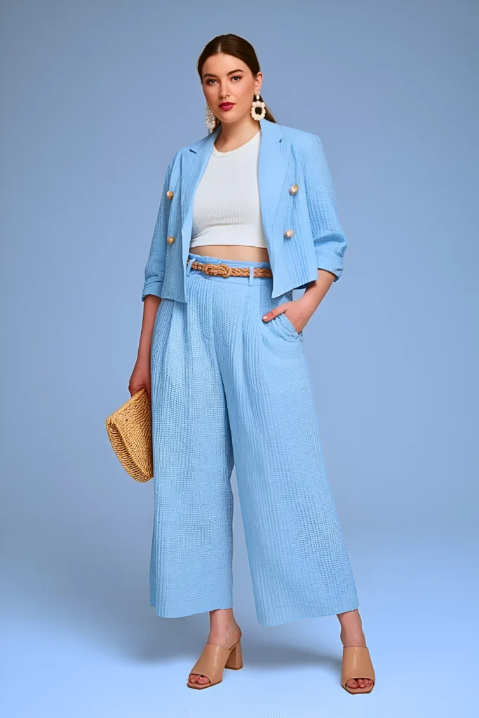 Spring Seersucker Wide-Leg Suit Office Outfit