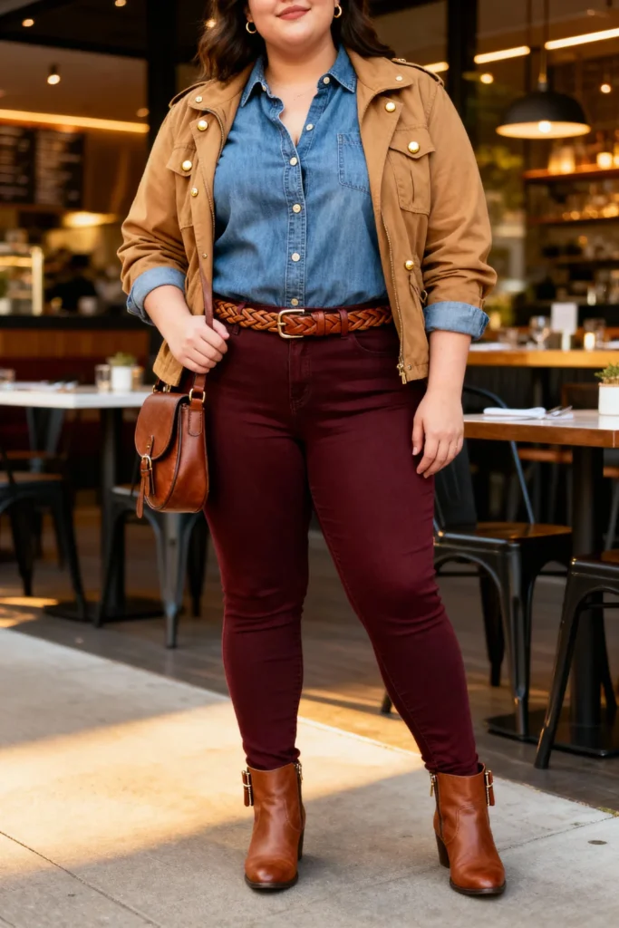 Plus Size Chambray Shirt and Burgundy Jeans Outfit