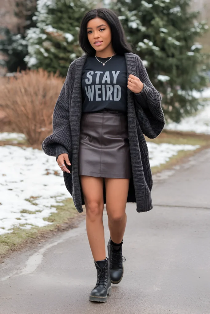 Black Girl Graphic Tee and Leather Skirt Winter Outfit