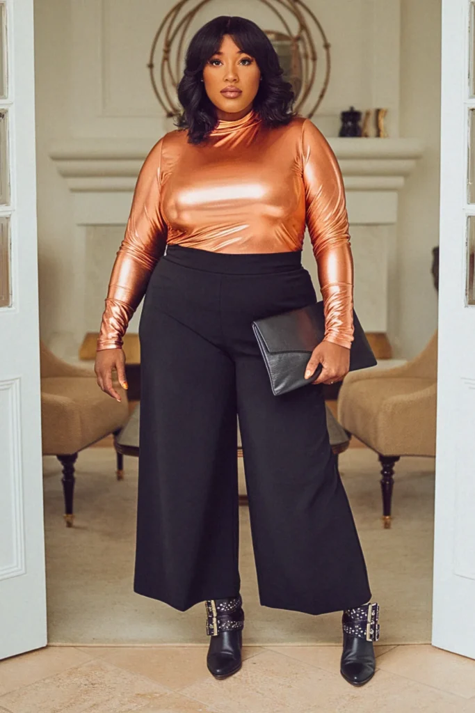 Plus Size Copper Metallic Top Fall Outfit