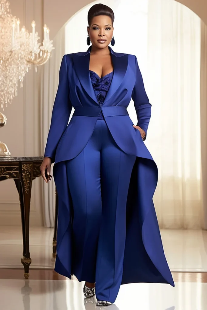 Plus Size Mother Of The Bride Blue Lapel Collar Long Sleeve Asymmetric Hem Satin Two Piece Pant Suit