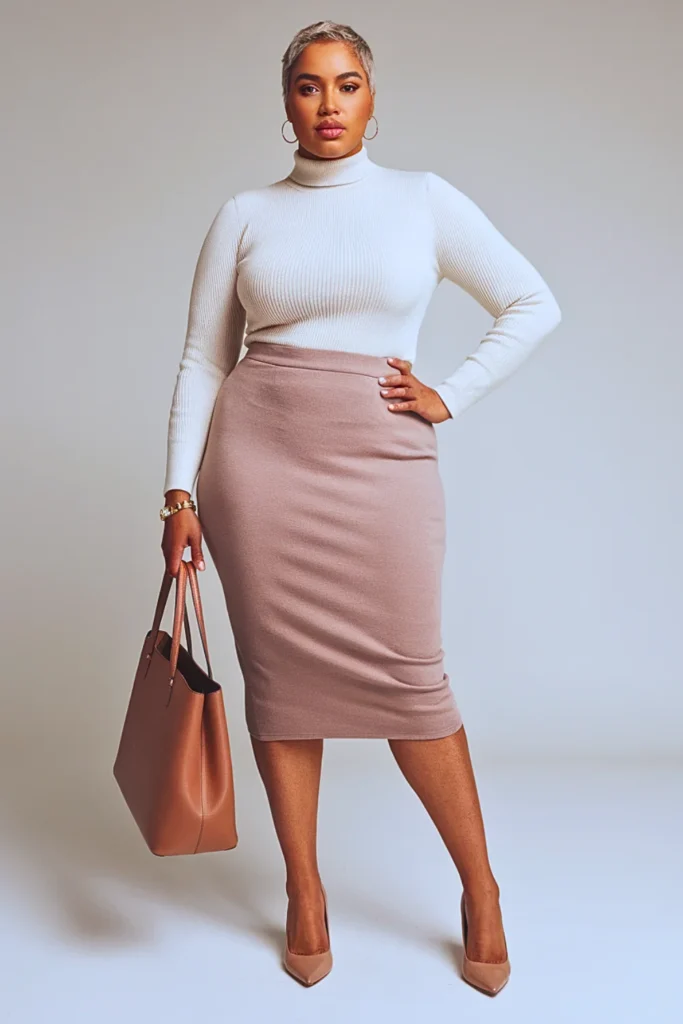 Plus Size Autumn Taupe Knit Pencil Skirt Outfit