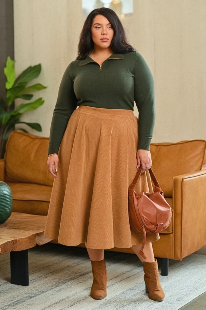 Plus Size Preppy Quarter-Zip Sweater and Corduroy Skirt Fall Outfit