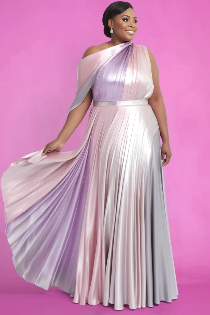 Plus Size Valentine's Pink Gradient Oblique Collar Long Sleeve Pleated Satin Maxi Dress