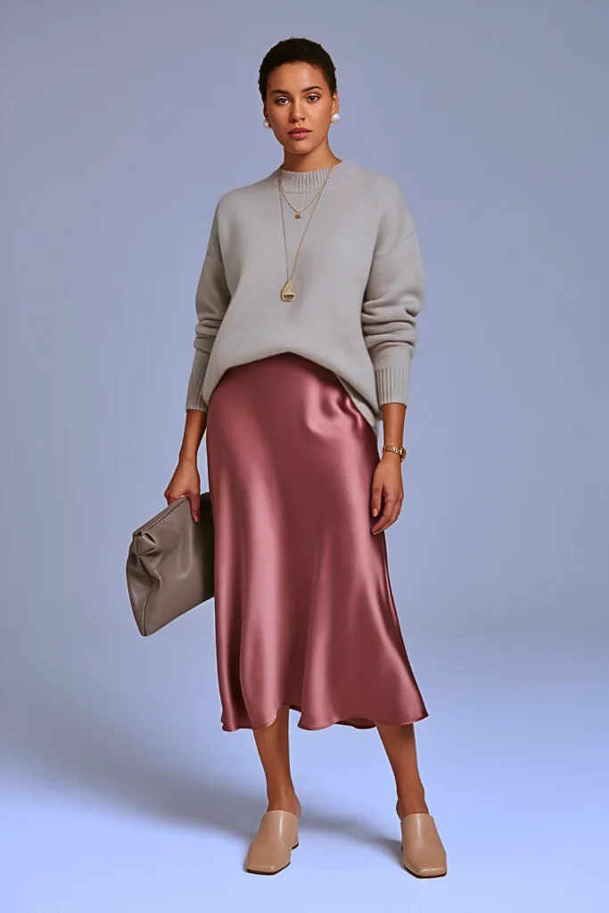 Spring Satin Slip Skirt Office Outfit