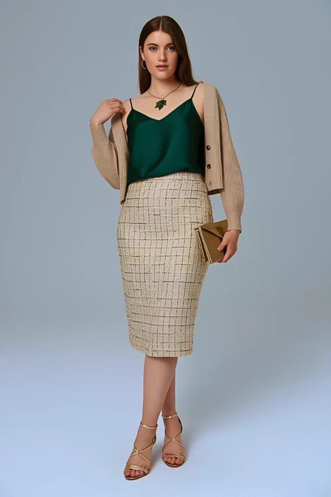 Spring Silk Camisole & Tweed Skirt Work Outfit
