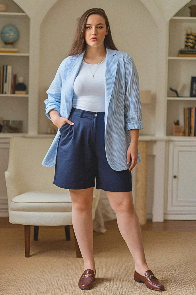 Plus Size Modest Seersucker Blazer and Chino Shorts Summer Outfit