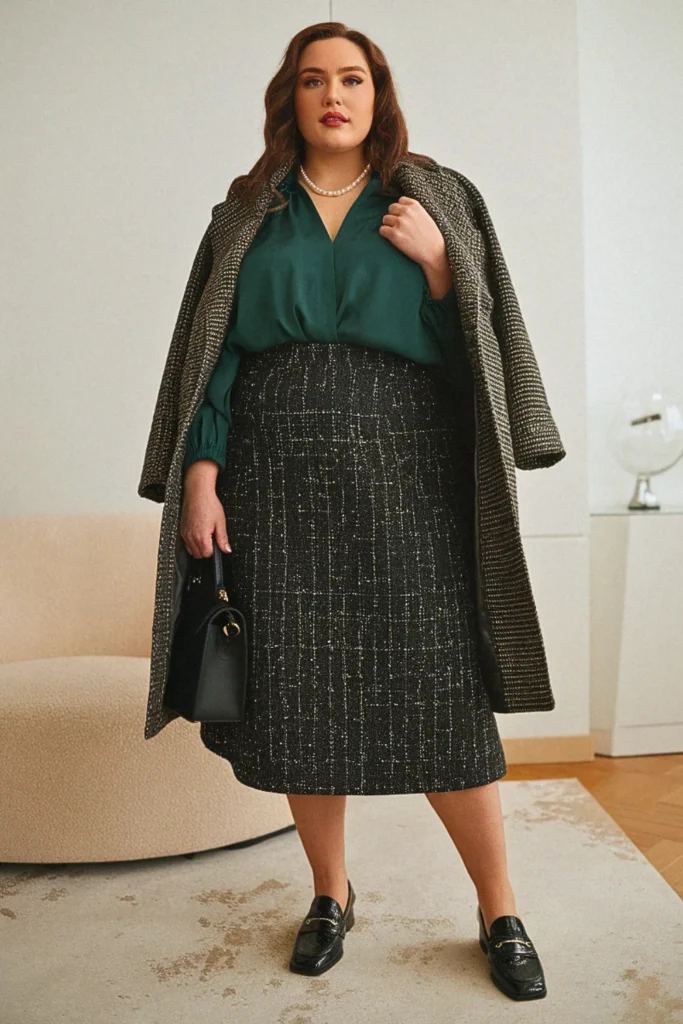 Plus Size Tweed A-Line Midi Fall Skirt Outfit