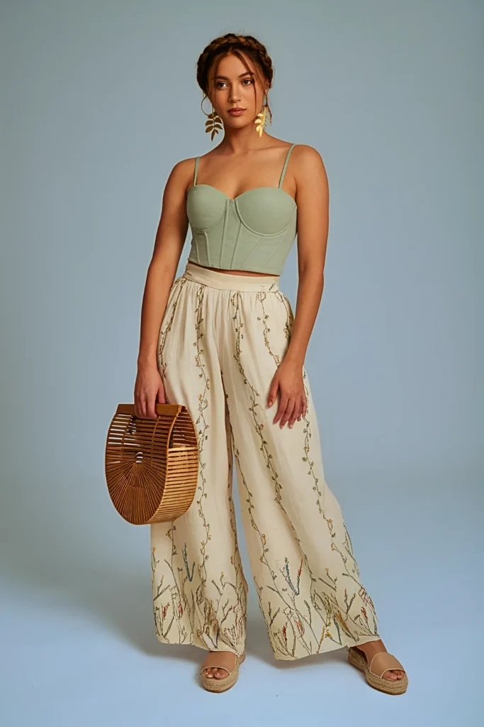 Spring Summer Botanical Embroidery Wide-Leg Pants Outfit