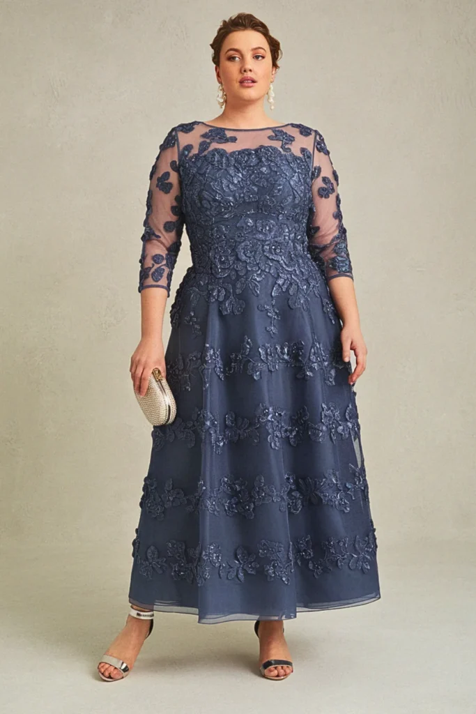 Plus Size Black Tie AppliqueÌd Mesh Overlay Wedding Guest Dress