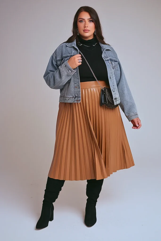 Plus Size Autumn Caramel Faux Leather Pleated Skirt Outfit