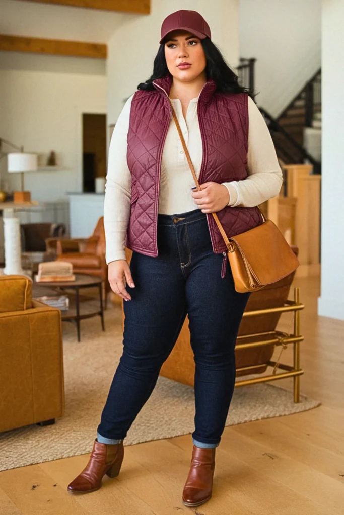 Plus Size Fall Puffer Vest With Long Sleeve Henley Comfy Outfit