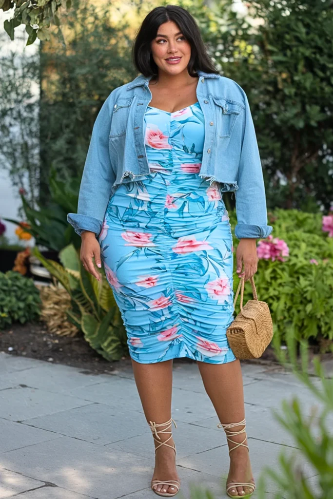 Ruched Bodycon Dress + Denim Jacket Cute Brunch Outfit