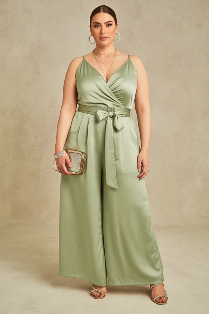 Plus Size Sage Green Satin Palazzo Jumpsuit Wedding Guest Outfit