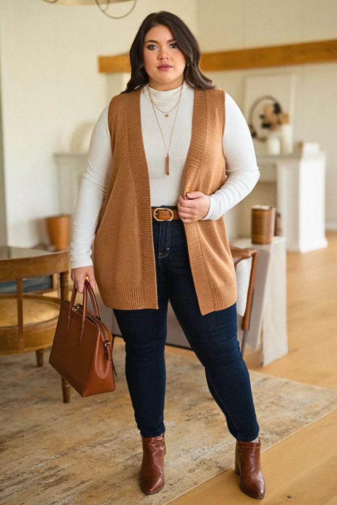 Plus Size Fall Sweater Vest With Long Sleeve Tee Comfy Outfit