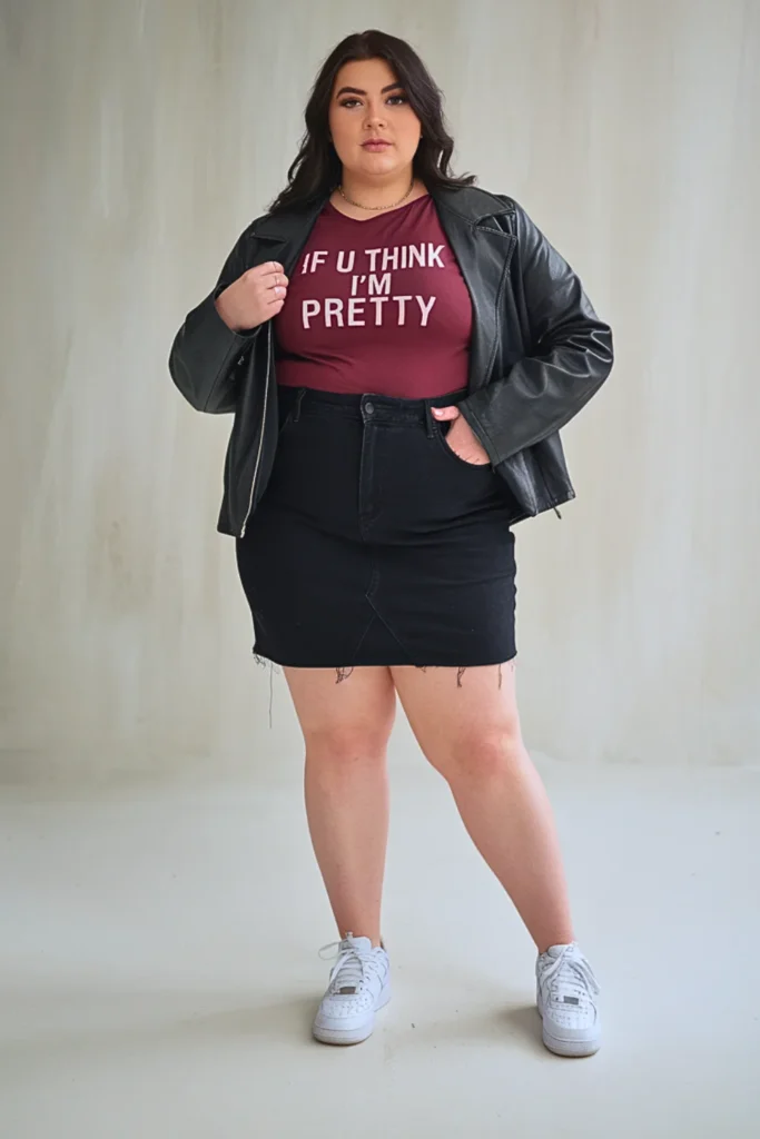 Plus Size Autumn Black Denim High-Waisted Mini Skirt Outfit