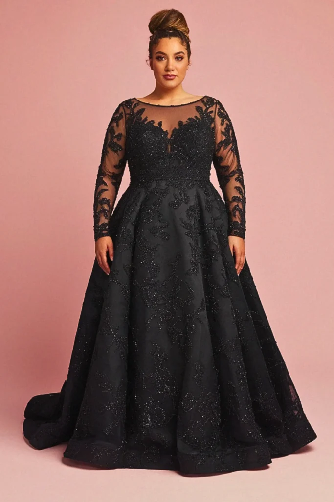 Plus Size Full-Sleeve Illusion Neckline Black Wedding Dress