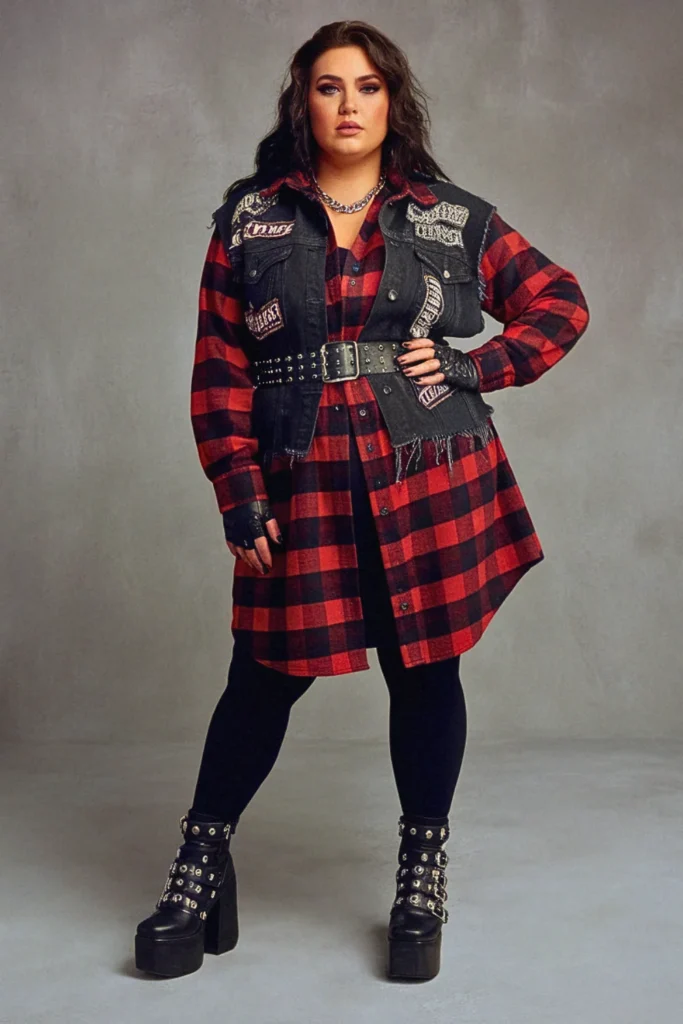 Plus Size Fall Flannel Shirt Dress Grunge Outfit