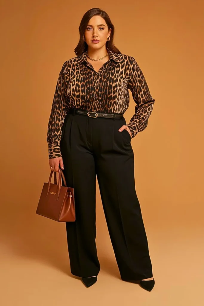 Plus Size Autumn Leopard Print Blouse Office Work Outfit