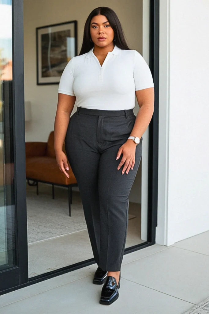 Plus Size Preppy Polo Shirt and Tailored Trousers Fall Outfit