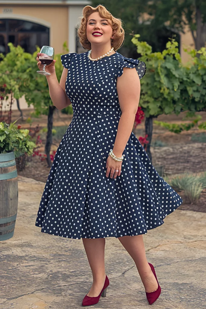 Plus Size Vintage-Inspired Polka Dot Spring Winery Outfit