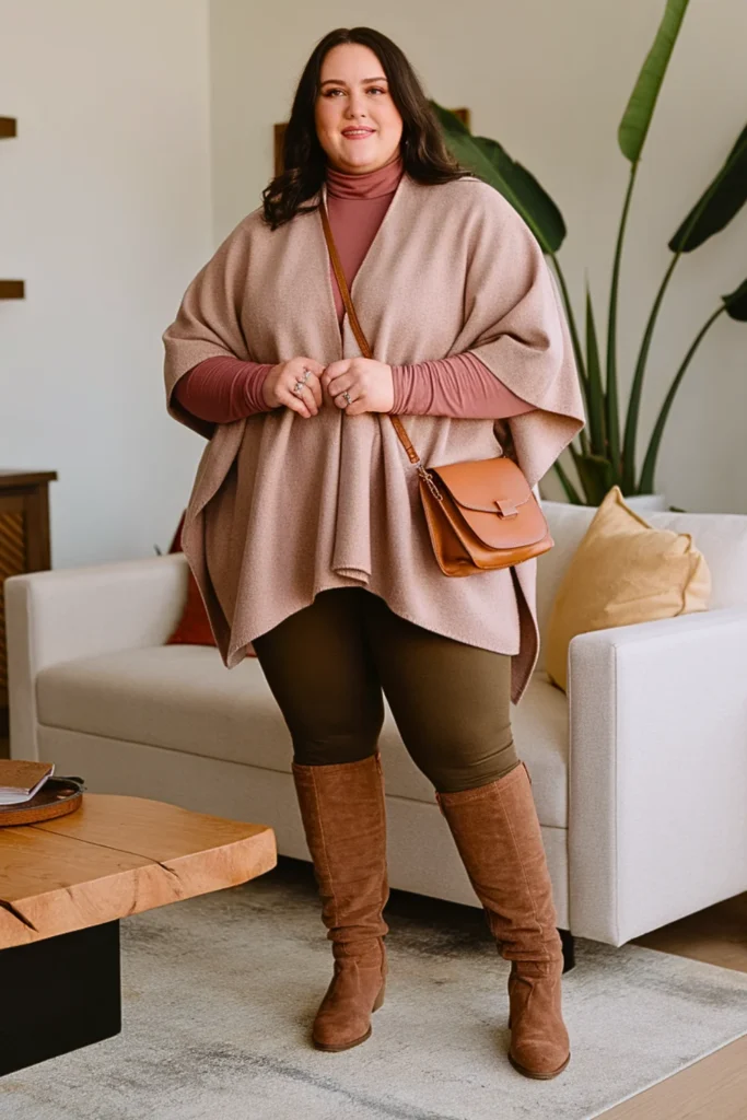 Plus Size Soft Warm Beige Poncho Autumn Outfit