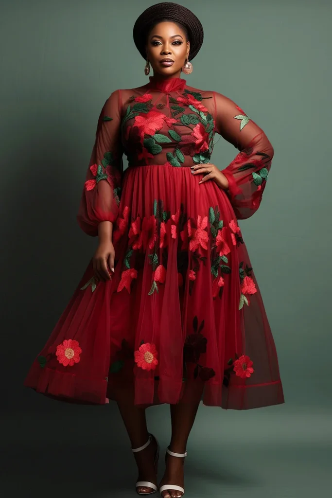 Plus Size Mother Of The Bride Red Mock Neck Long Sleeve See Through Embroidery Lace Midi Dress