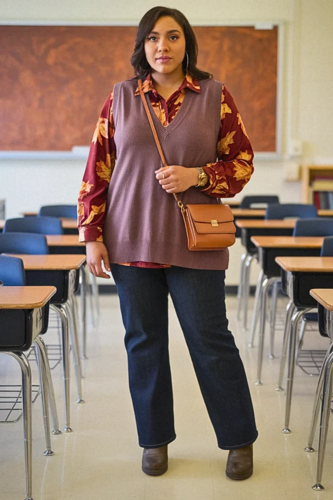Plus Size Fall Printed Blouse with Vest Teacher Outfit