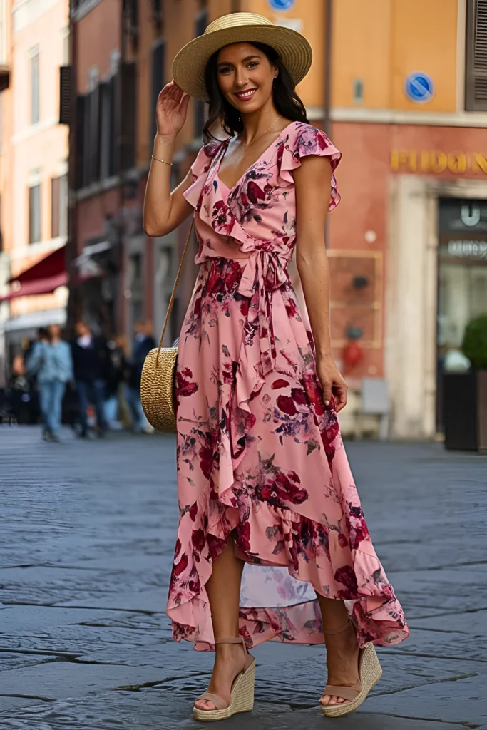 European Floral Wrap Dress & Espadrille Wedges European Spring Outfit