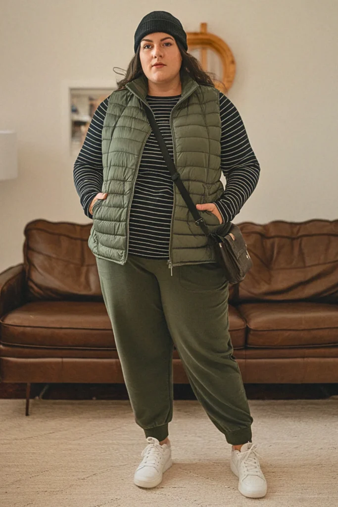 Plus Size Casual Puffer Vest Sneaker Fall Outfit