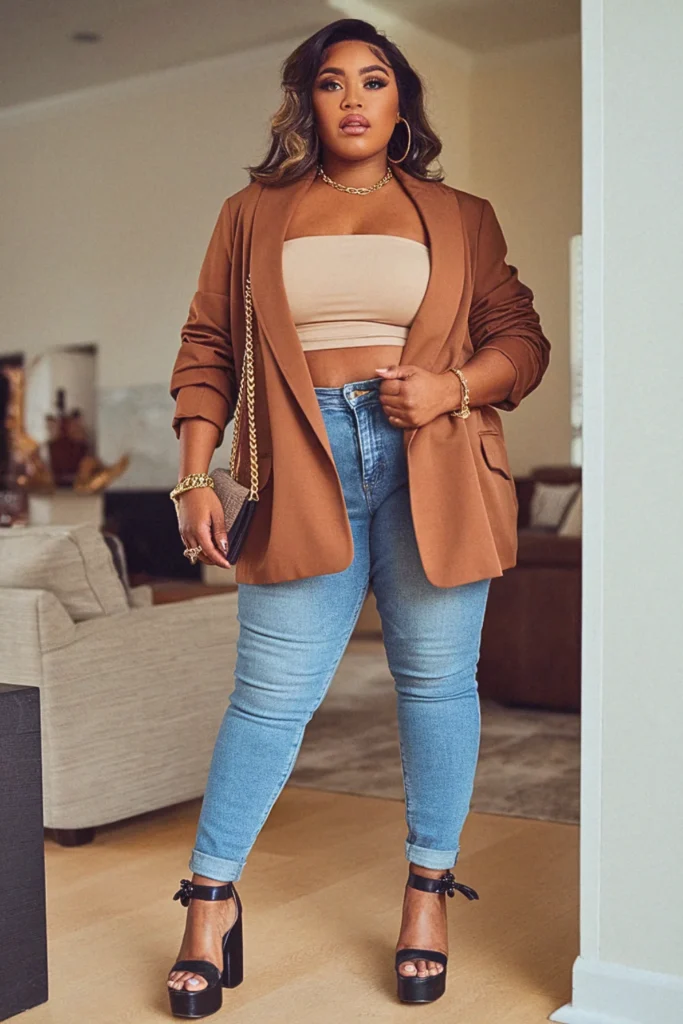 Plus Size Bandeau Blazer Jeans Fall Outfit