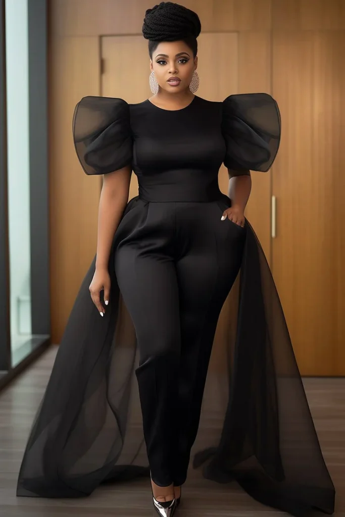Plus Size Formal Black Round Neck Puff Sleeve Short Sleeve With Skirt Overlay Pocket Tulle Jumpsuit
