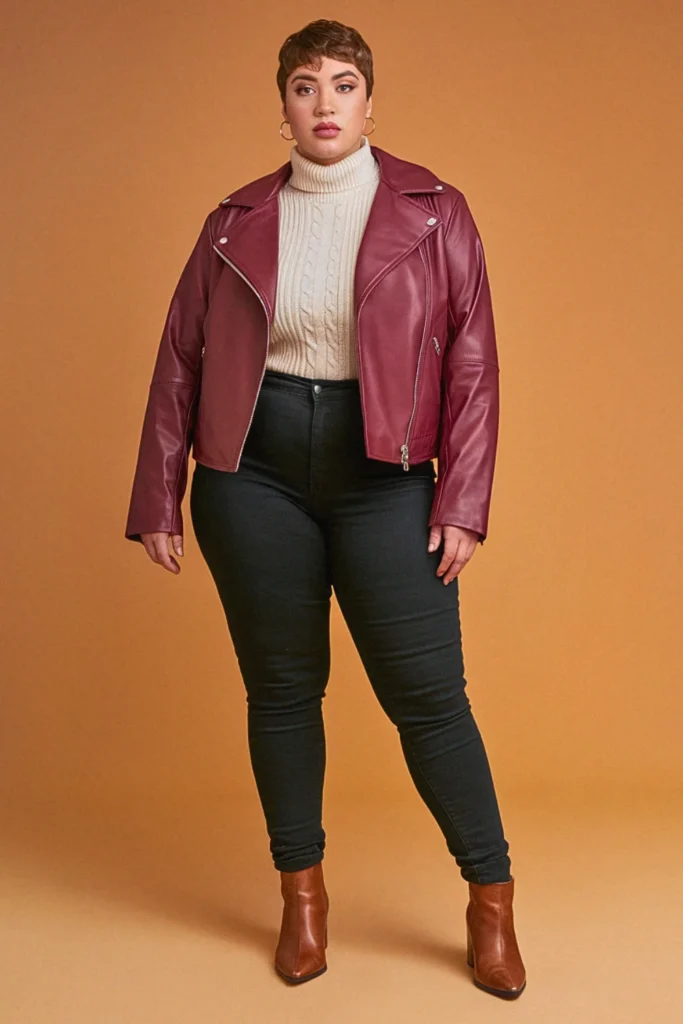 Plus Size Burgundy Leather Jacket Fall Outfit