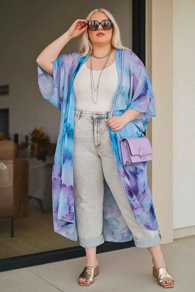 Plus Size Summer Watercolor Print Kimono with Casual Jeans Outfit