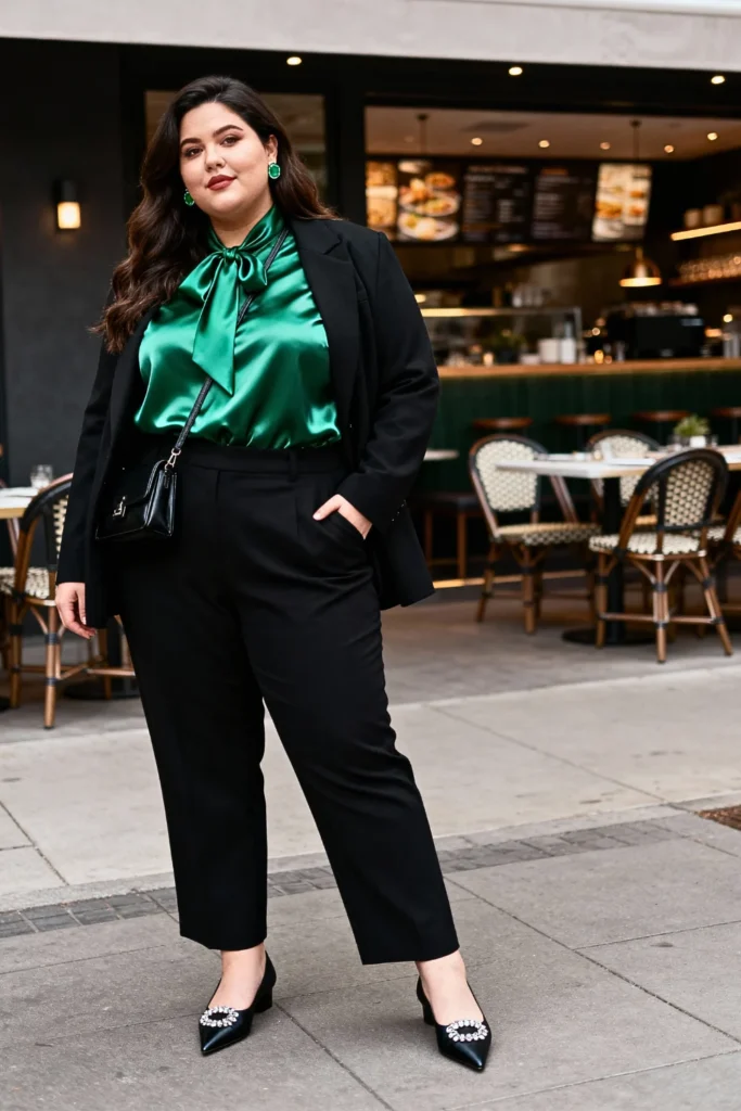 Plus Size Emerald Satin Blouse and Black Trousers Outfit