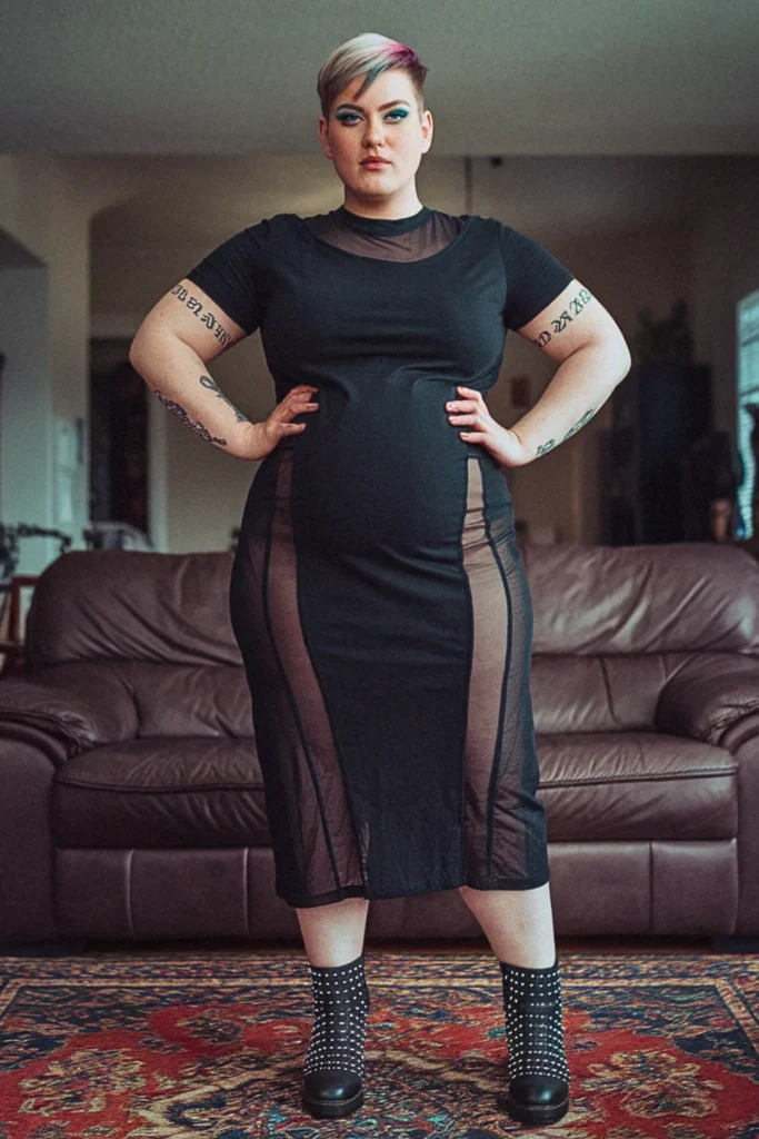 Plus Size Edgy Sheer Panel T-Shirt Dress Summer Outfit