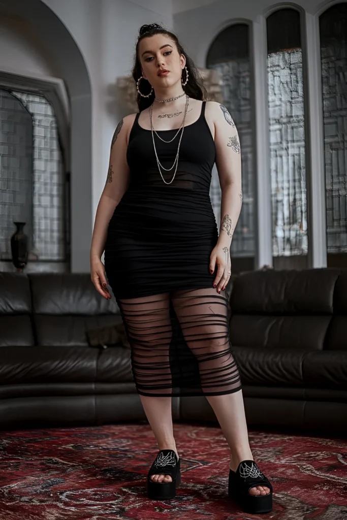 Plus Size Ruched Mesh Overlay Summer Goth Outfit