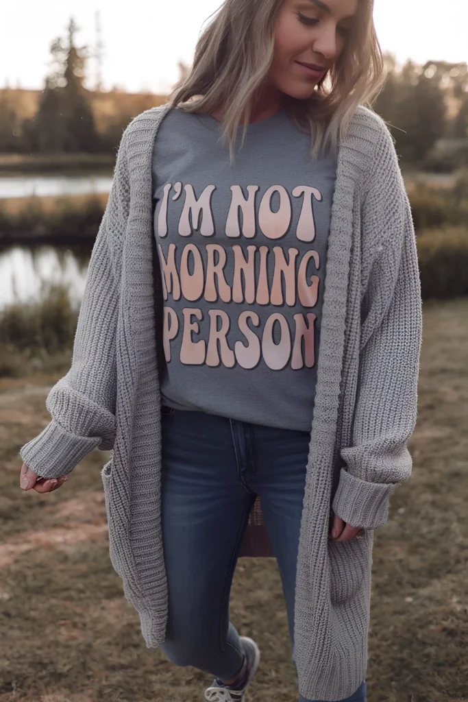 Winter Casual Graphic Tee and Cardigan Outfit