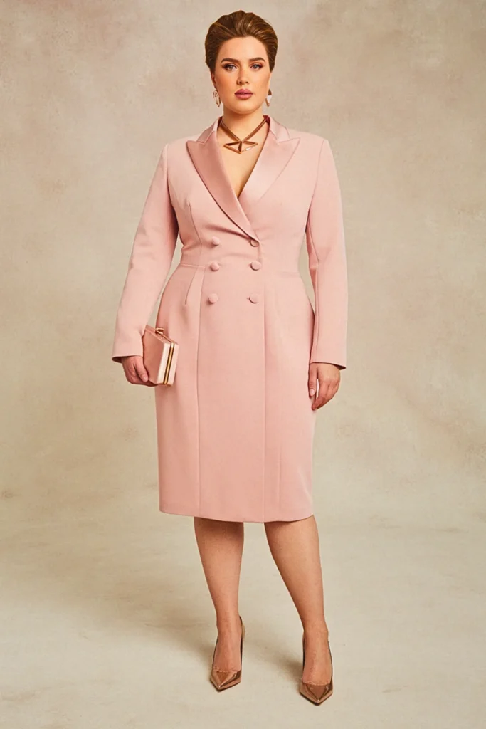 Plus Size Blush Pink Tuxedo-Style Formal Wedding Guest Dress
