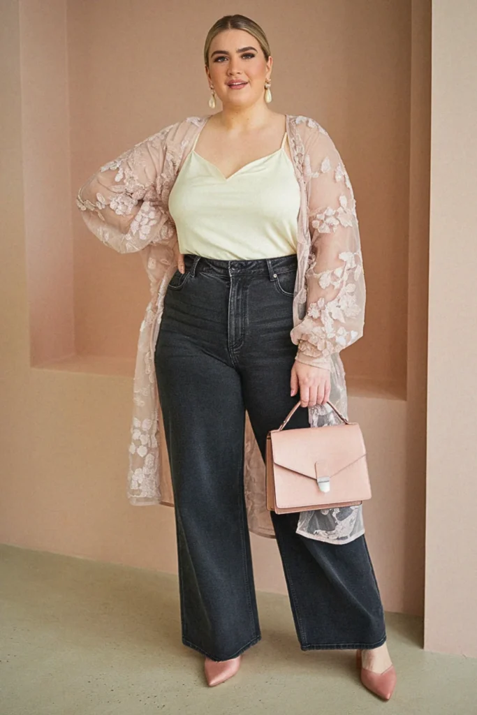 Plus Size Summer Sheer Overlay Blouse with Wide Leg Black Jeans Outfit