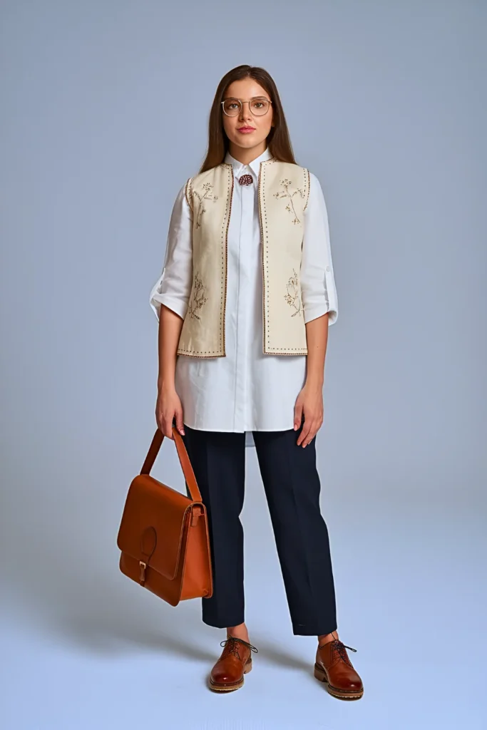 Spring Embroidered Linen Vest Office Outfit