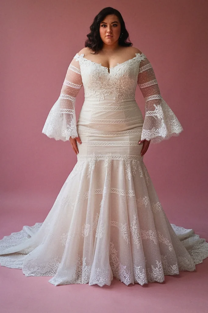 Boho Bell Sleeve Tiered Skirt with Ladder Lace Wedding Dress