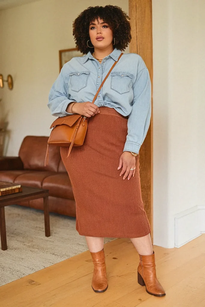 Plus Size Fall Denim Shirt With Corduroy Skirt Comfy Outfit