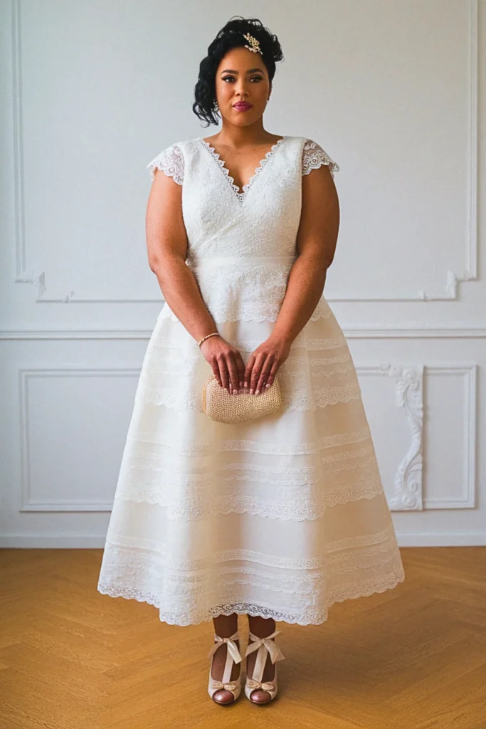 Plus Size Tiered Lace Tea-Length Wedding Dress