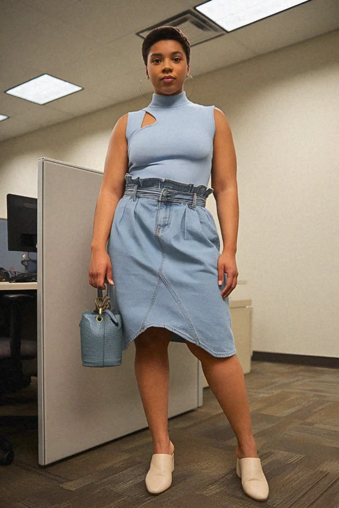 Plus Size Summer Overlay Shell & Paper-Bag Skirt Office Outfit