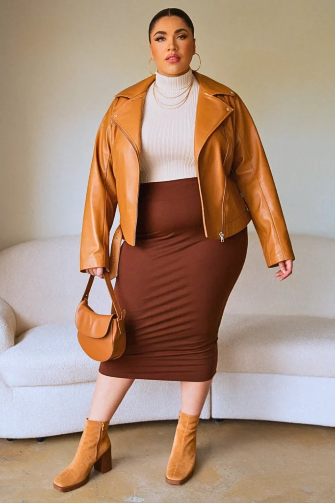 Plus Size Leather Moto Jacket with Midi Skirt Fall Outfit