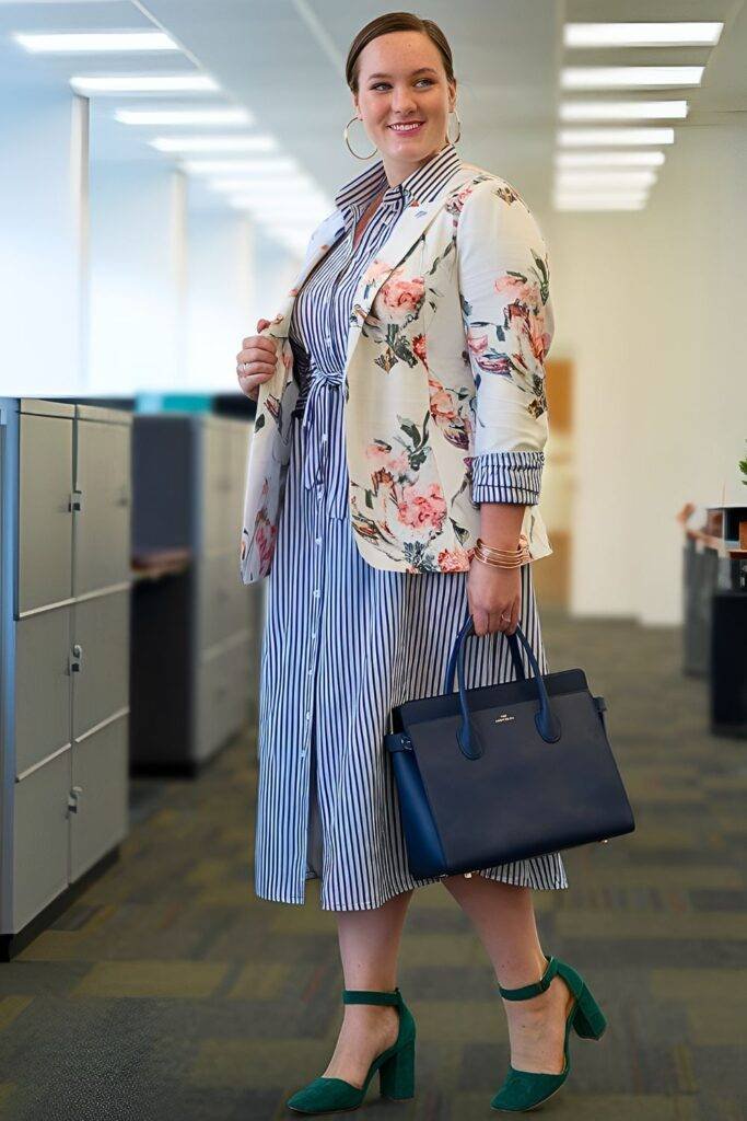 Plus Size Striped Shirtdress and Floral Blazer Spring Business Casual Outfit