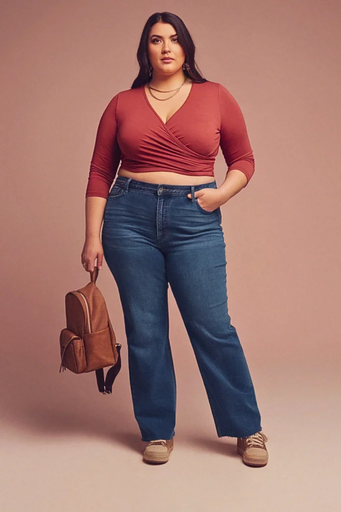 Plus Size Wrap-Style Top and Straight Leg Jeans Fall Outfit