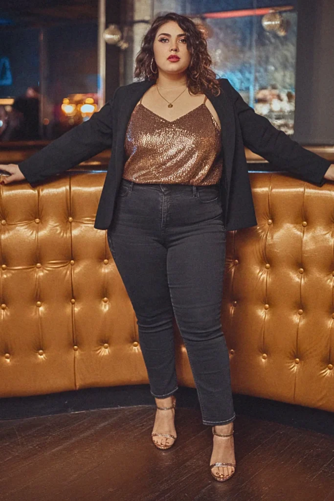 Plus Size Fall Sequined Camisole and Denim Going Out Outfit